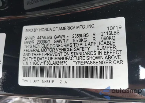 2020 Honda Accord Sport z USA, uszkodzony, nr VIN 1HGCV1F30LA021579